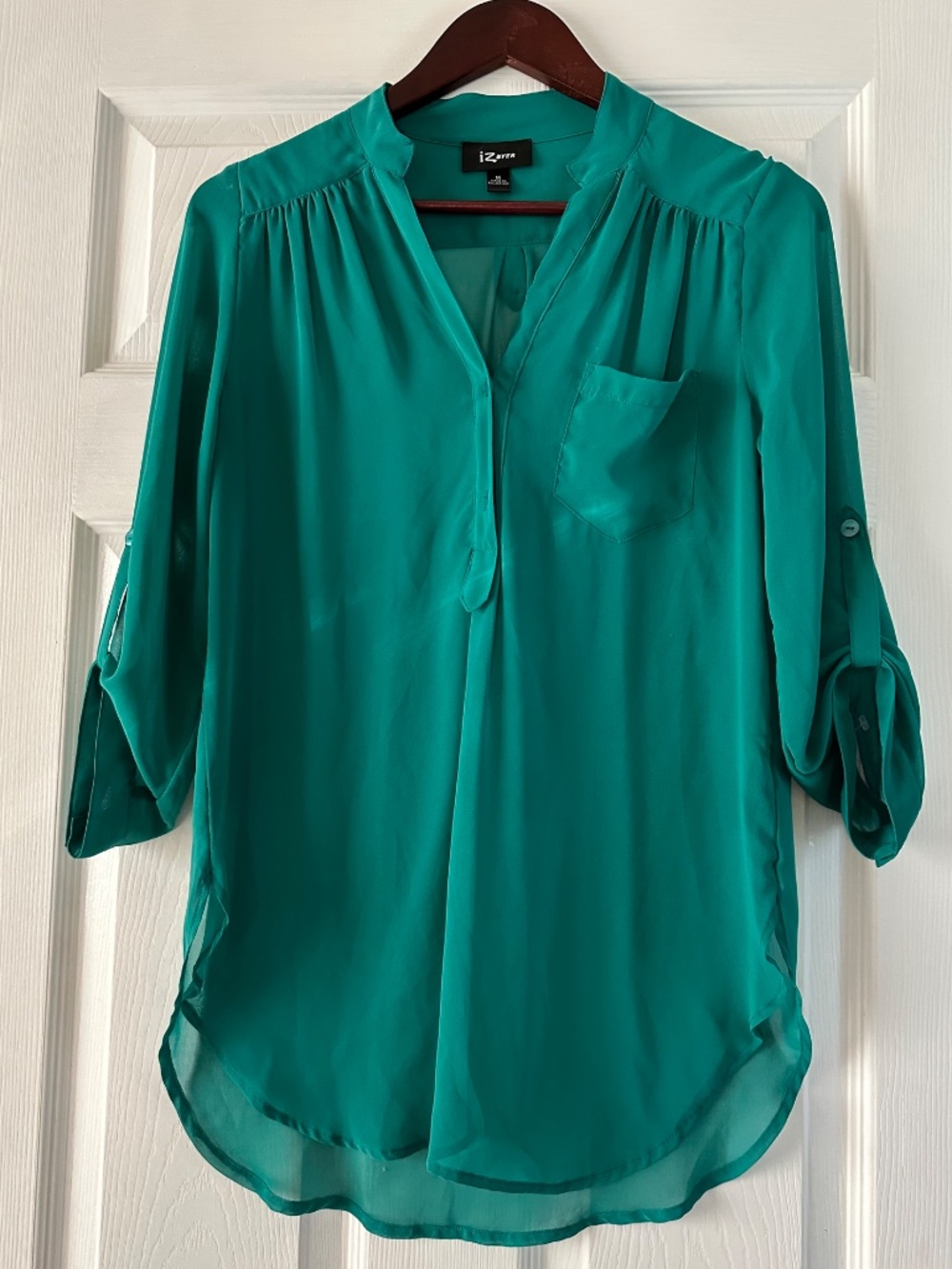 Iz Byer Teal Hi-Lo 3/4 Buttons Sleeves Blouse Tunic Pocket Sheer Size M NWOT
